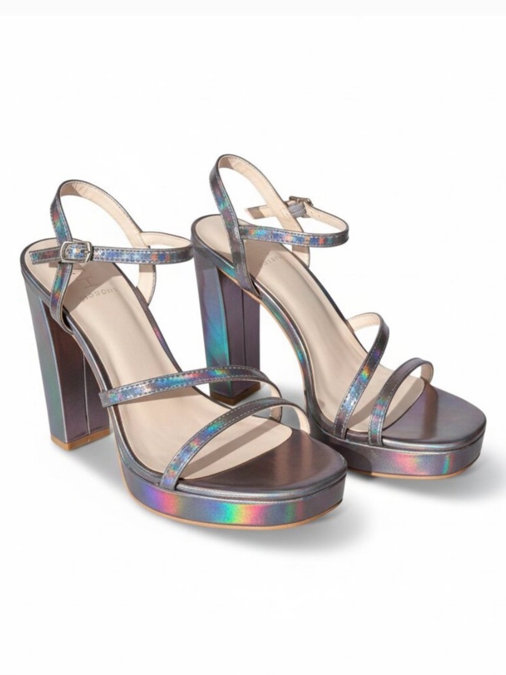 Halston Heritage Holographic Patent Platform Sandals with High Block Heel NWT